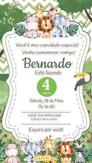 Convite Aniversário Safari Baby com Animais Fofos para Editar