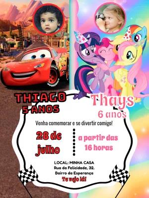 Convite Aniversário Duplo Carros e My Little Pony para Editar