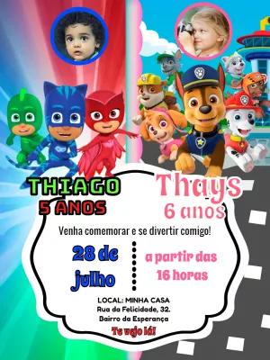 Convite Aniversário Duplo PJ Masks e Patrulha Canina para Editar