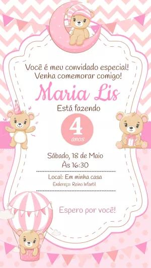Convite Aniversário Ursinha Baby Fofa para Editar Online
