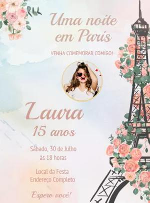 Convite Aniversário 15 anos Paris Floral com Foto para Editar