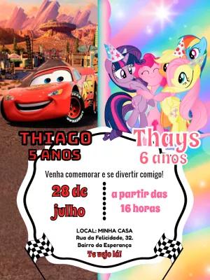 Convite Duplo Aniversário Carros e My Little Pony para Editar