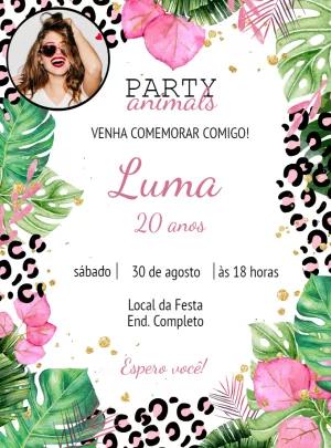 Convite Aniversário Party Animals Tropical com Foto para Editar