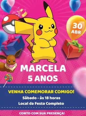 Convite de Aniversário Pokémon com Pikachu para Editar Online