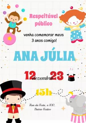 Convite de Aniversário Tema Circo Colorido para Editar Online