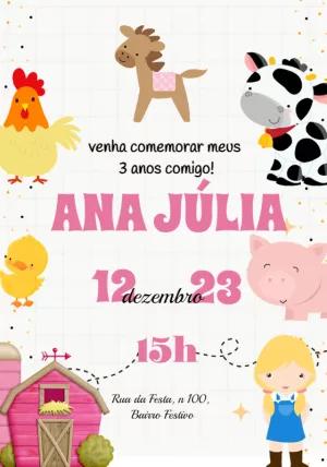 Convite Aniversário Fazendinha Rosa para Menina para Editar Online