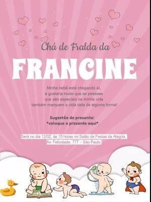 Convite Chá de Fraldas Menina Rosa com Bebês para Editar Online