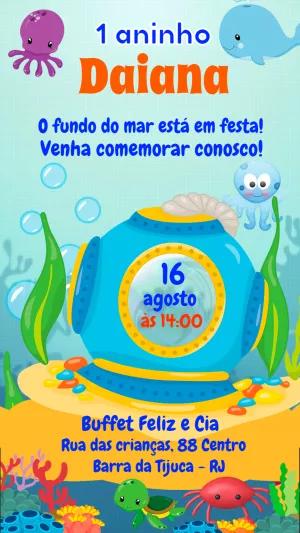 Convite Aniversário Fundo do Mar com Animais para Editar Online