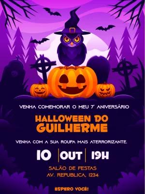 Convite de Aniversário Halloween com Coruja para Editar Online