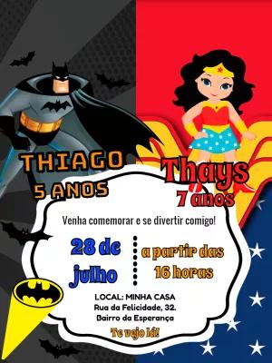 Convite Aniversário Duplo Batman e Mulher Maravilha para Editar
