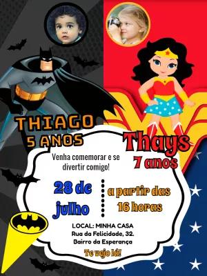 Convite Aniversário Duplo Batman e Mulher Maravilha para Editar