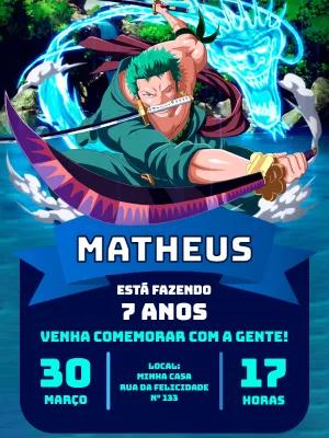 Convite Aniversário One Piece Zoro para Editar Online