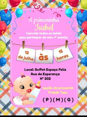 Convite Aniversário 1 Ano Menina com Balões para Editar Online