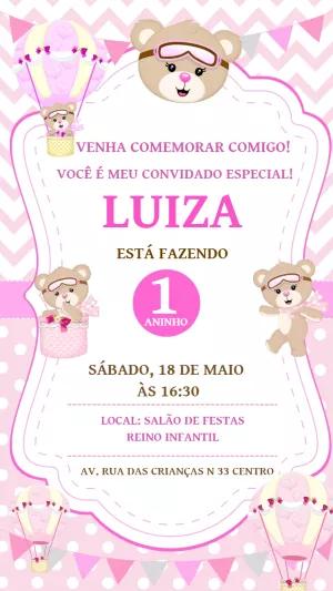 Convite Aniversário Ursinha Baloeira para Editar Online
