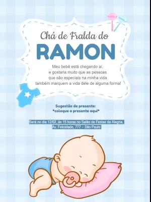 Convite Chá de Fralda de Menino com Bebê Fofo para Editar Online