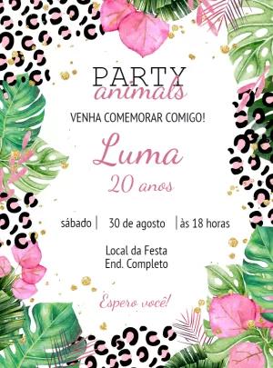 Convite Aniversário Onça Tropical com Folhagens para Editar