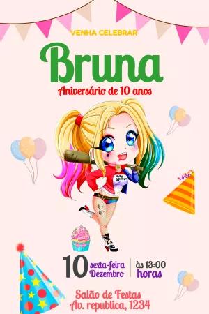 Convite de Aniversário Arlequina para Editar Online