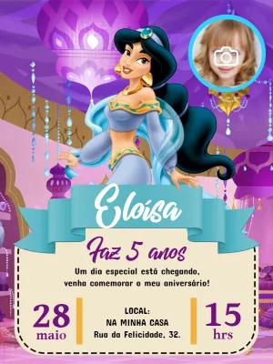 Convite Aniversário Princesa Jasmine com Foto para Editar Online