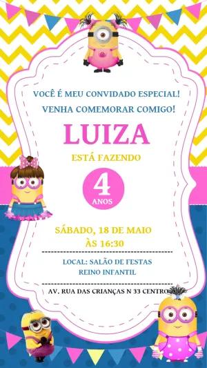 Convite Aniversário Minions Rosa para Editar Online