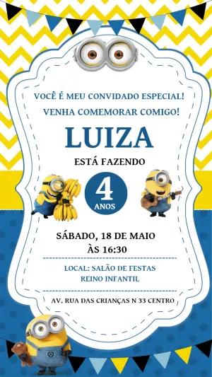 Convite de Aniversário Minions Azul para Editar e Imprimir