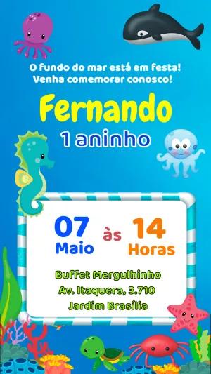 Convite Aniversário Fundo do Mar com Animais para Editar Online