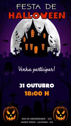 Convite de Halloween Assustador com Casa Mal-Assombrada Editável