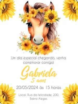 Convite Aniversário Cavalo com Girassol para Editar Online