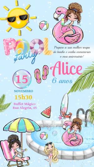Convite Aniversário Pool Party Menina para Editar Online