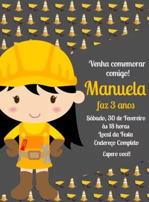 Convite Aniversário Construção Menina para Editar Online