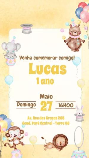 Convite Aniversário Circo Aquarela com Animais para Editar