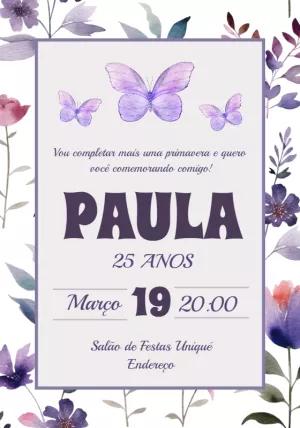 Convite Aniversário Flores e Borboletas Aquarela para Editar