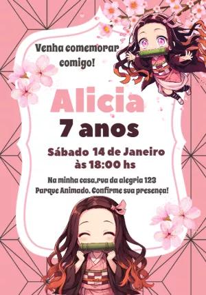 Convite Aniversário Demon Slayer Nezuko para Editar Online