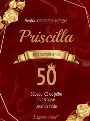Convite de 50 Anos Floral Vermelho e Dourado para Editar