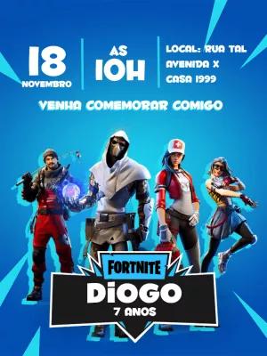 Convite Aniversário Fortnite com Personagens para Editar Online