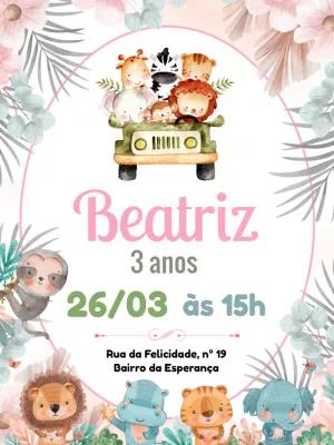 Convite Aniversário Safari Rosa com Animais para Editar Online