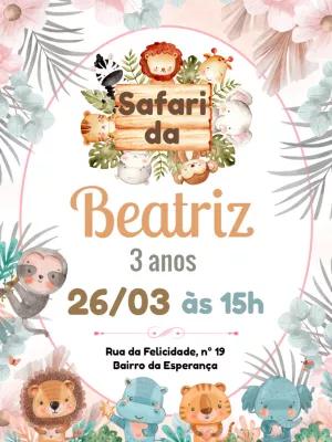 Convite de Aniversário Safari com Animais Fofos para Editar