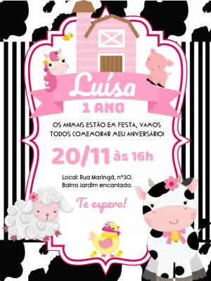 Convite Aniversário Fazendinha Rosa com Animais para Editar