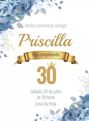 Convite Aniversário Floral Azul e Dourado para Editar Online