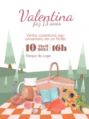 Convite de Aniversário Piquenique Aquarela para Editar Online