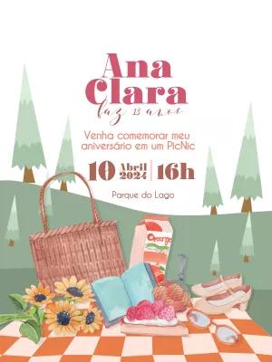 Convite de Aniversário Piquenique Ilustrado para Editar