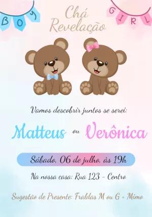 Convite Chá Revelação Ursinhos Rosa e Azul para Editar