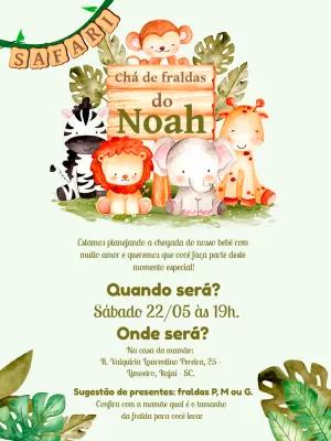 Convite Chá de Fraldas Safari com Animais para Editar Online