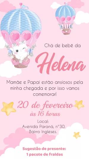 Convite Chá de Bebê Gatinha no Balão para Editar Online