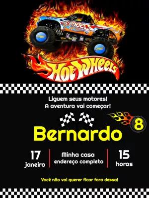 Convite Aniversário Hot Wheels com Monster Truck para Editar