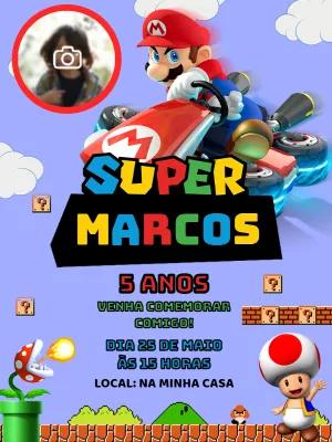 Convite Aniversário Super Mario com Foto para Editar Online