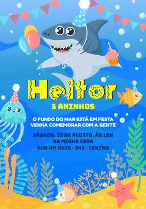 Convite Aniversário Tubarão Fofo para Editar Online