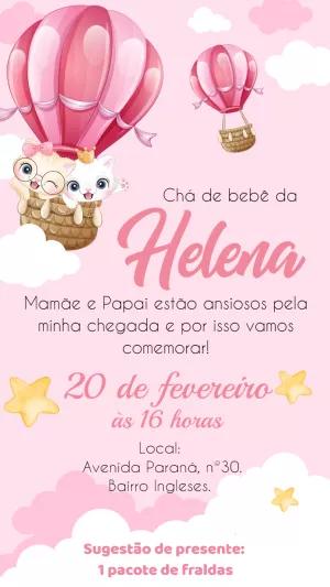 Convite Chá de Bebê Gatinhas no Balão para Editar Online