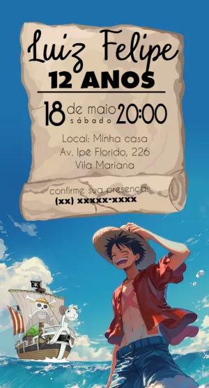 Convite Aniversário One Piece com Luffy para Editar Online