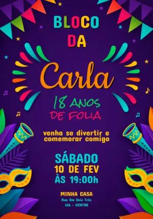 Convite de Aniversário Bloco de Carnaval Colorido para Editar