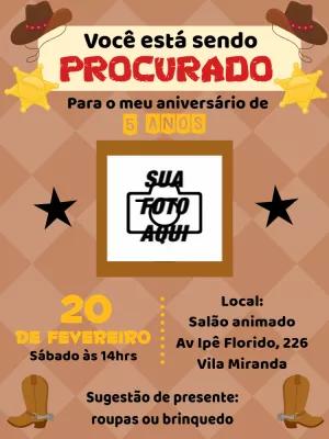 Convite de Aniversário Cowboy Procurado com Foto para Editar